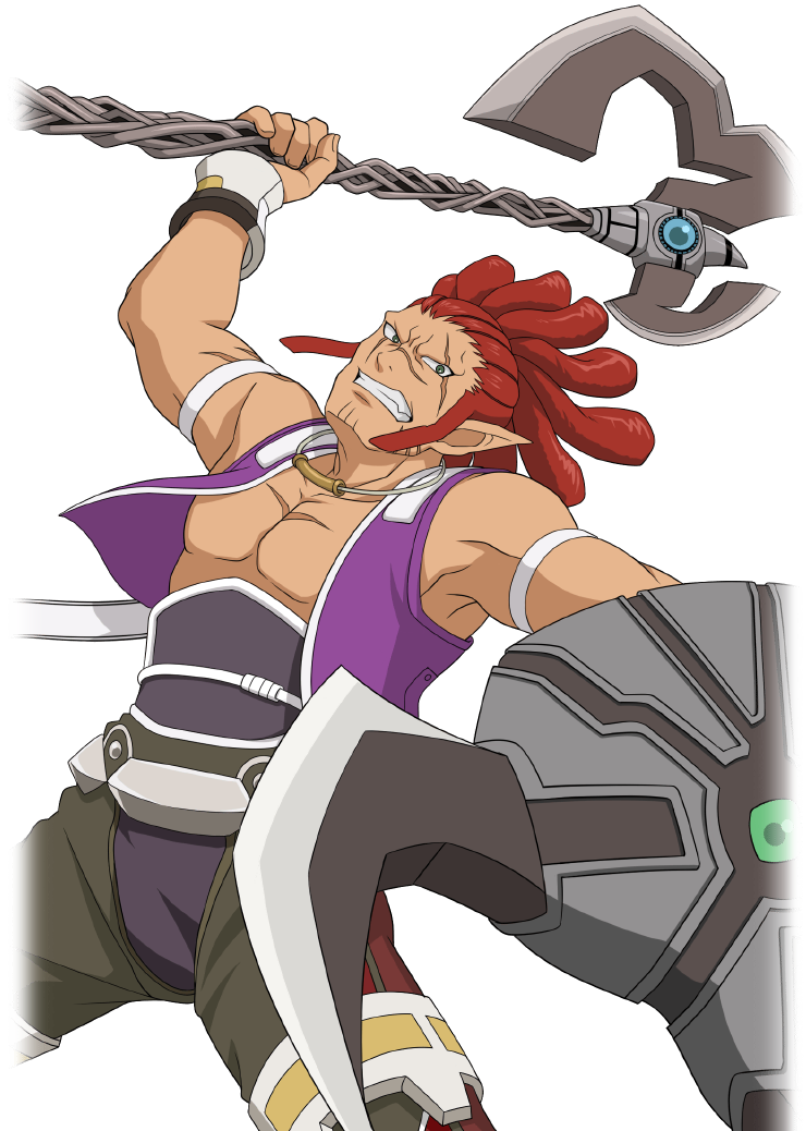 1boy, arm_up, armband, artist_request, axe, collarbone, commentary, cowboy_shot