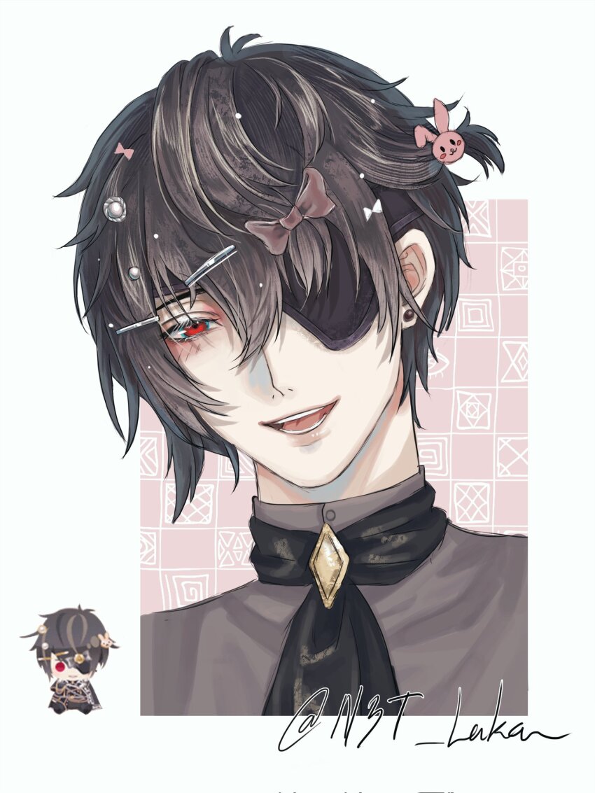 1boy, ascot, black_ascot, black_hair, blush, border, bow, commentary