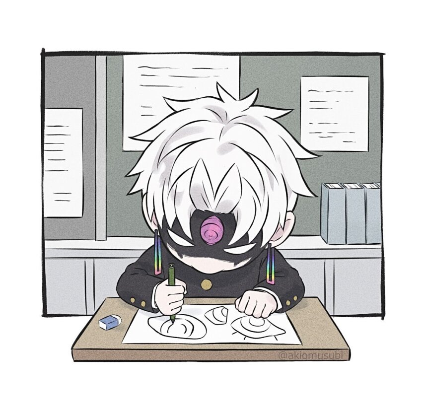 1boy, akiomusubi, border, chibi, chibi_only, classroom, commentary_request, dandadan
