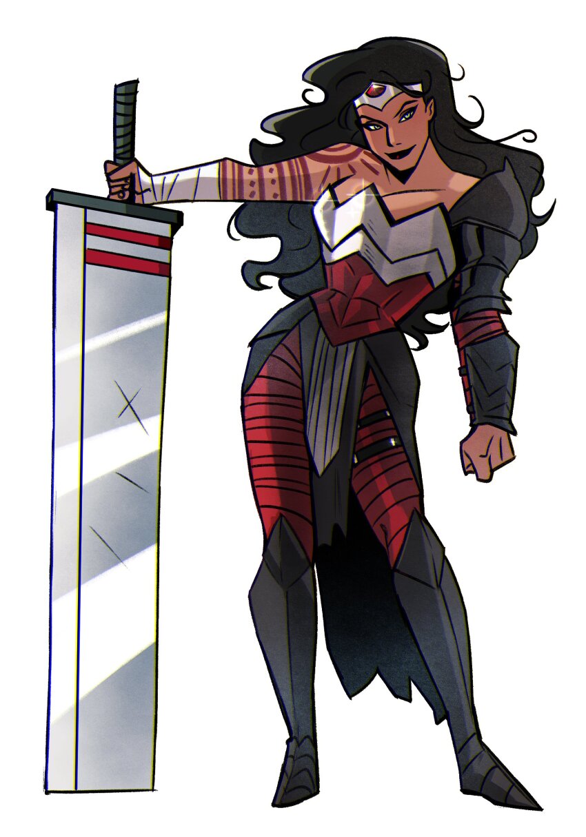 1girl, absolute_dc, absolute_wonder_woman, amazon_warrior, arm_wrap, armor, black_hair, dark-skinned_female