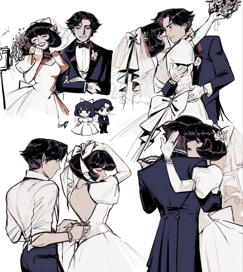 1girl, black_hair, bob_cut, bouquet, deadlock_(game), dress, dressing_another, flower