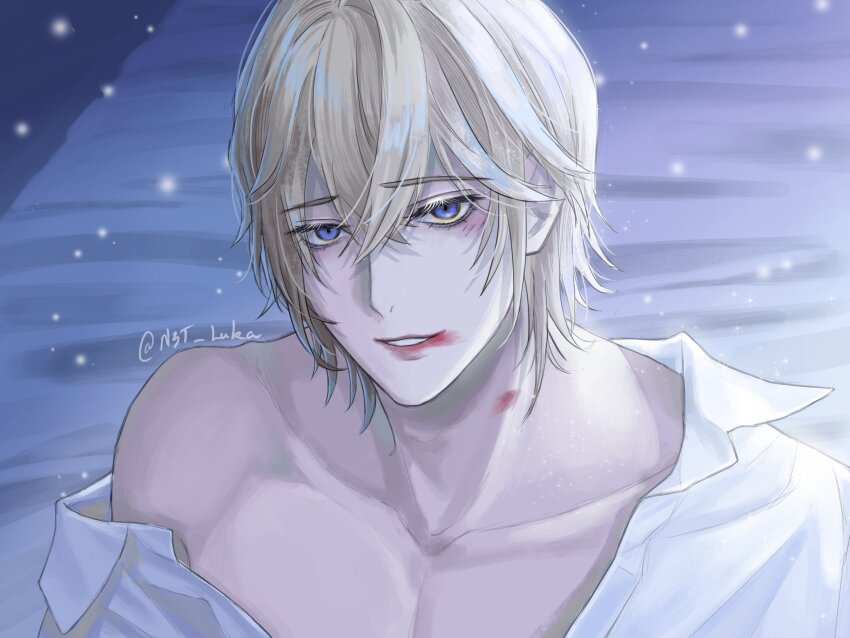 1boy, after_kiss, bed_sheet, blonde_hair, blue_eyes, collarbone, commentary, crossed_bangs