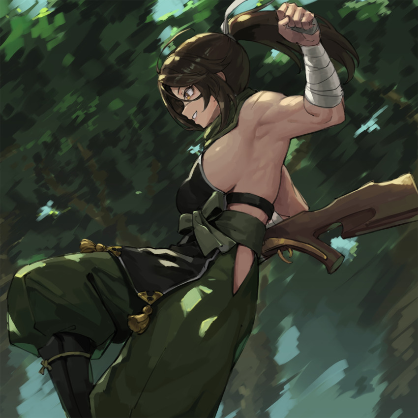 1girl, ahoge, bandaged_arm, bandages, bare_shoulders, biceps, black_shirt, breasts