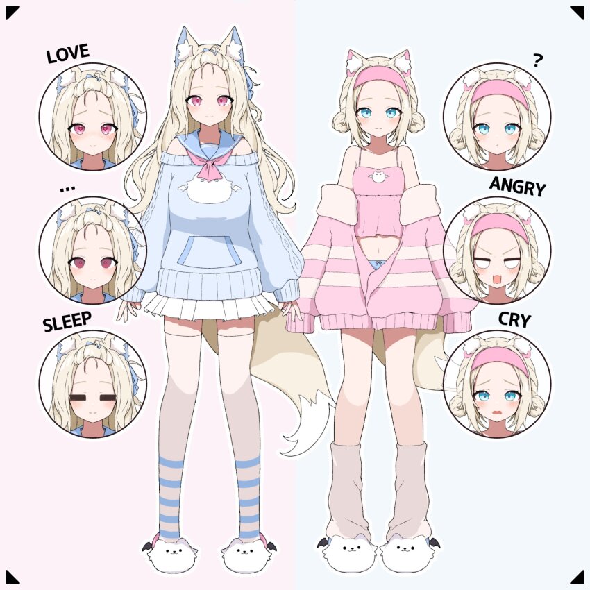 2girls, absurdres, alternate_costume, animal_ears, blonde_hair, blue_eyes, blue_hoodie, blue_streaks