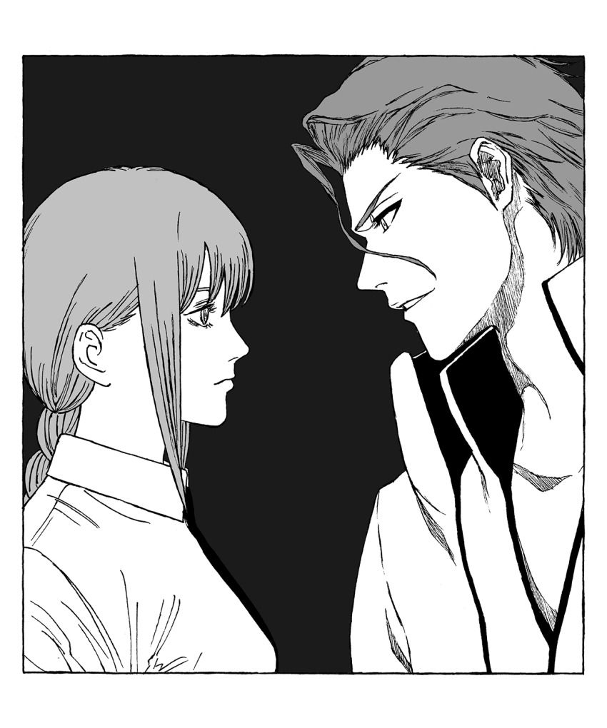 1boy, 1girl, aizen_sousuke, bleach, braid, breasts, chainsaw_man, commentary_request
