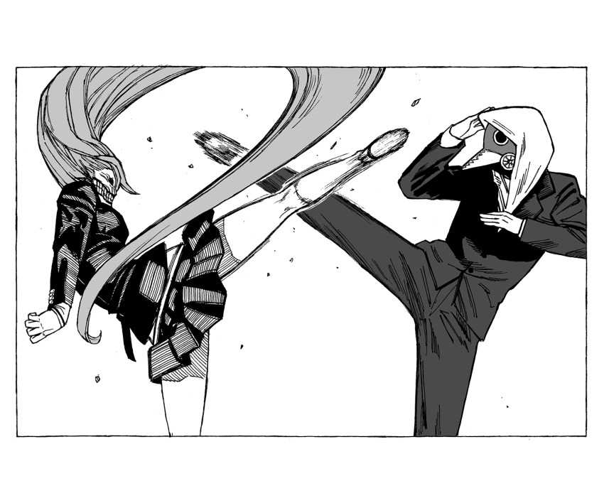 1boy, 1girl, absurdly_long_hair, acrobatic_silky_(dandadan), chainsaw_man, commentary_request, crossover, dandadan