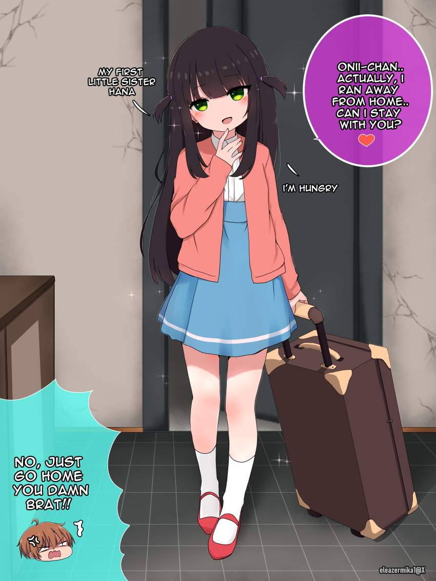 :d, absurdres, anger_vein, black_hair, blue_skirt, blush, brother_and_sister, brown_hair