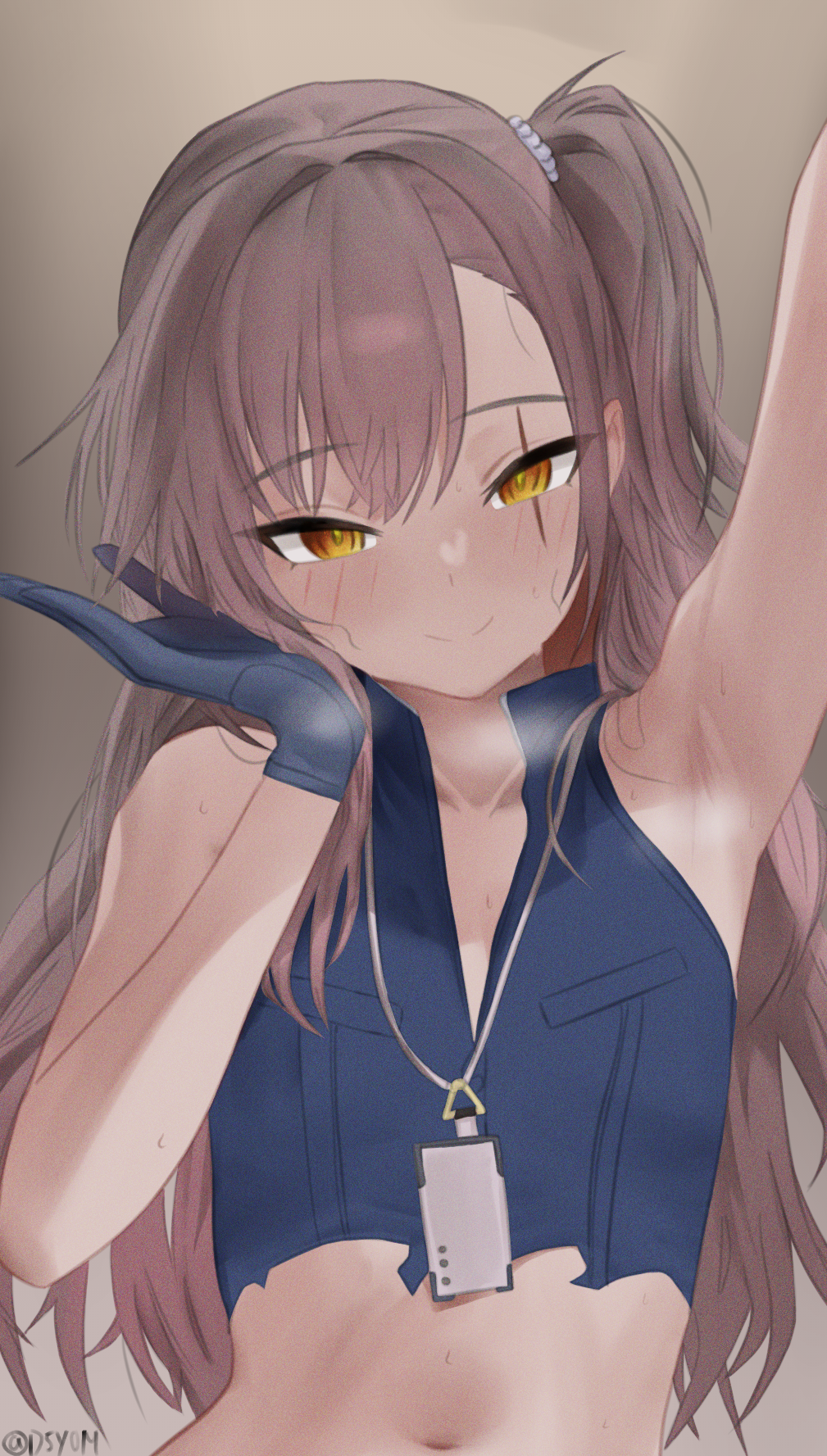 1girl, arm_up, armpits, bare_arms, bare_shoulders, blue_gloves, blue_shirt, brown_hair