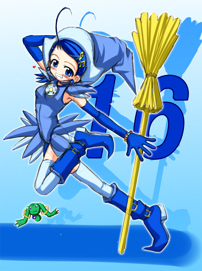 artist_request, blush, broom, child, cosplay, hat, kyubee_(cosplay), ojamajo_doremi