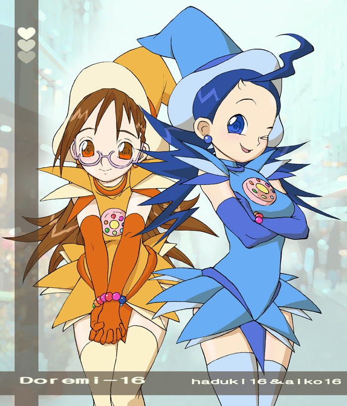 2girls, blush, brown_hair, child, fujiwara_hazuki, glasses, multiple_girls, ojamajo_doremi, ojamajo_doremi_16, senoo_aiko, smile, wink