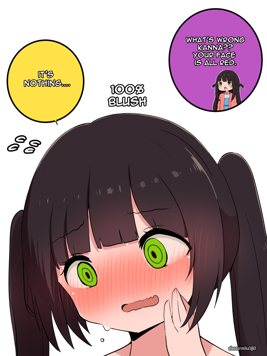 2girls, absurdres, black_hair, blue_dress, blunt_bangs, blush, commentary, dress