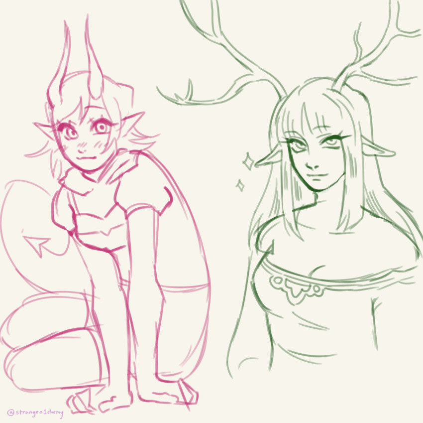 2girls, antlers, armor, artist_name, blush, breastplate, breasts, cleavage