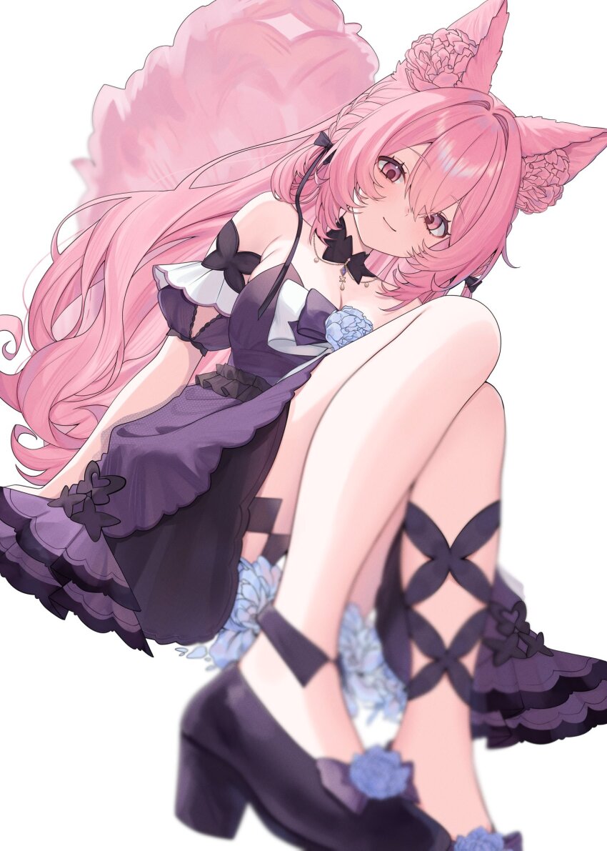 1girl, animal_ears, armpit_crease, bare_legs, bare_shoulders, black_choker, black_shoes, blurry