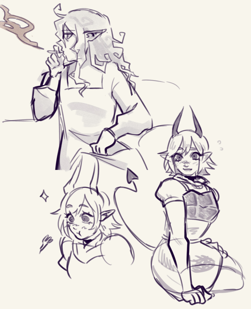 1boy, 1girl, armor, blush, breastplate, cigarette, closed_mouth, commentary, cowboy_shot, crilall, demi_(lunacid), demon_girl, demon_horns, demon_tail, dress, eating, english_commentary, fork, hand_on_own_thigh, highres, holding, holding_cigarette, horns, long_hair, long_sleeves, looking_at_viewer, looking_to_the_side, lunacid, monochrome, multiple_views, nightgown, pointy_ears, portrait, profile, puffy_short_sleeves, puffy_sleeves, short_hair, short_sleeves, sidelocks, simple_background, sitting, sketch, smoke, smoking, sparkle, strangea1chemy, tail, vampire, white_background, yokozuwari