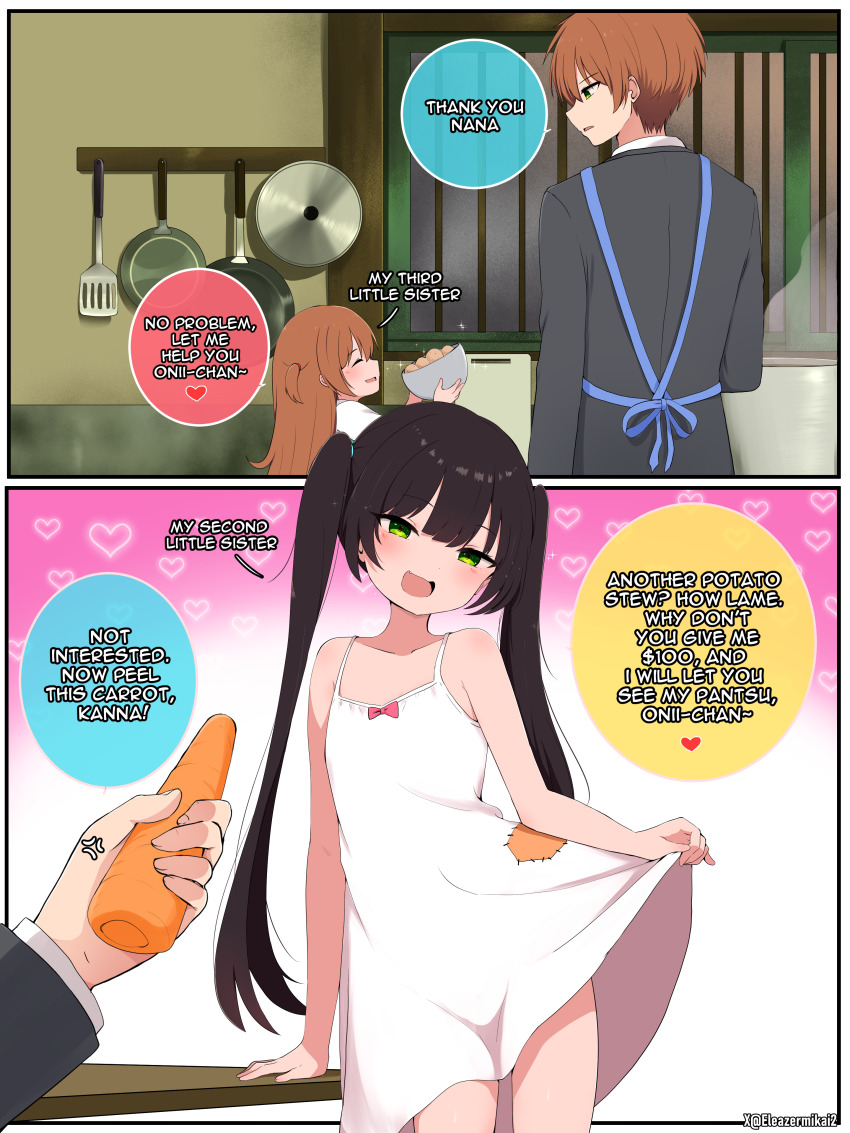 1boy, 2girls, absurdres, anger_vein, apron, bare_shoulders, black_hair, black_jacket