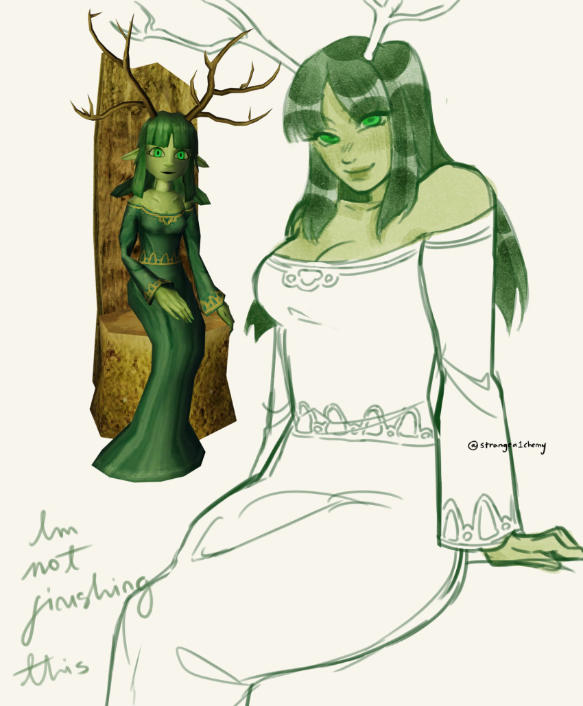 1girl, antlers, artist_name, bare_shoulders, blush, breasts, cleavage, closed_mouth, collarbone, colored_skin, commentary, cowboy_shot, deer_antlers, dress, english_commentary, english_text, game_screenshot_inset, green_eyes, green_hair, green_lips, green_skin, highres, horns, invisible_chair, long_dress, long_hair, long_sleeves, looking_at_viewer, lunacid, medium_breasts, nose, patchouli_(lunacid), screenshot_inset, sidelocks, simple_background, sitting, sketch, smile, solo, strangea1chemy, white_background