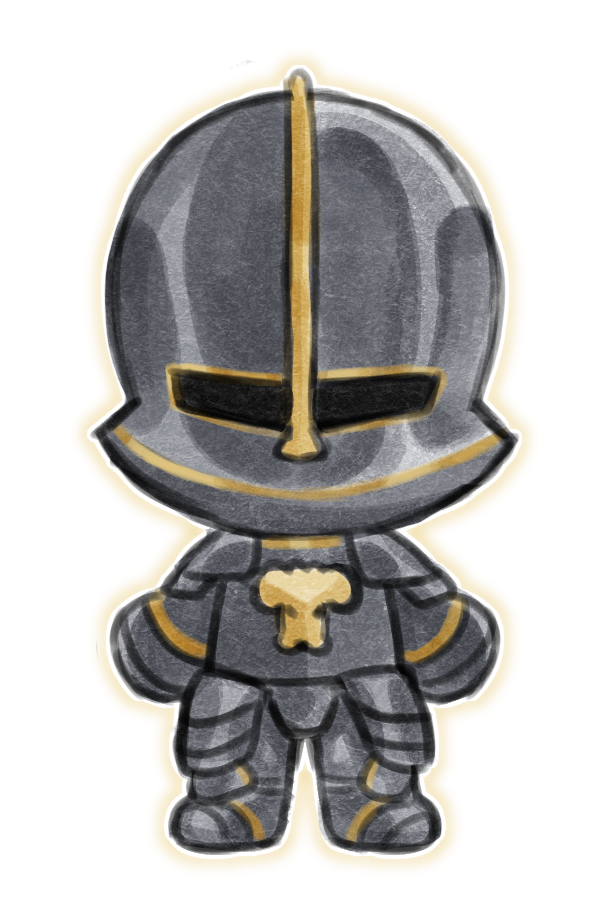 armor, chibi, chibi_only, commentary, english_commentary, full_armor, full_body, garrat_the_hound, helmet, knight, lunacid, outline, standing, strangea1chemy, transparent_background, white_outline