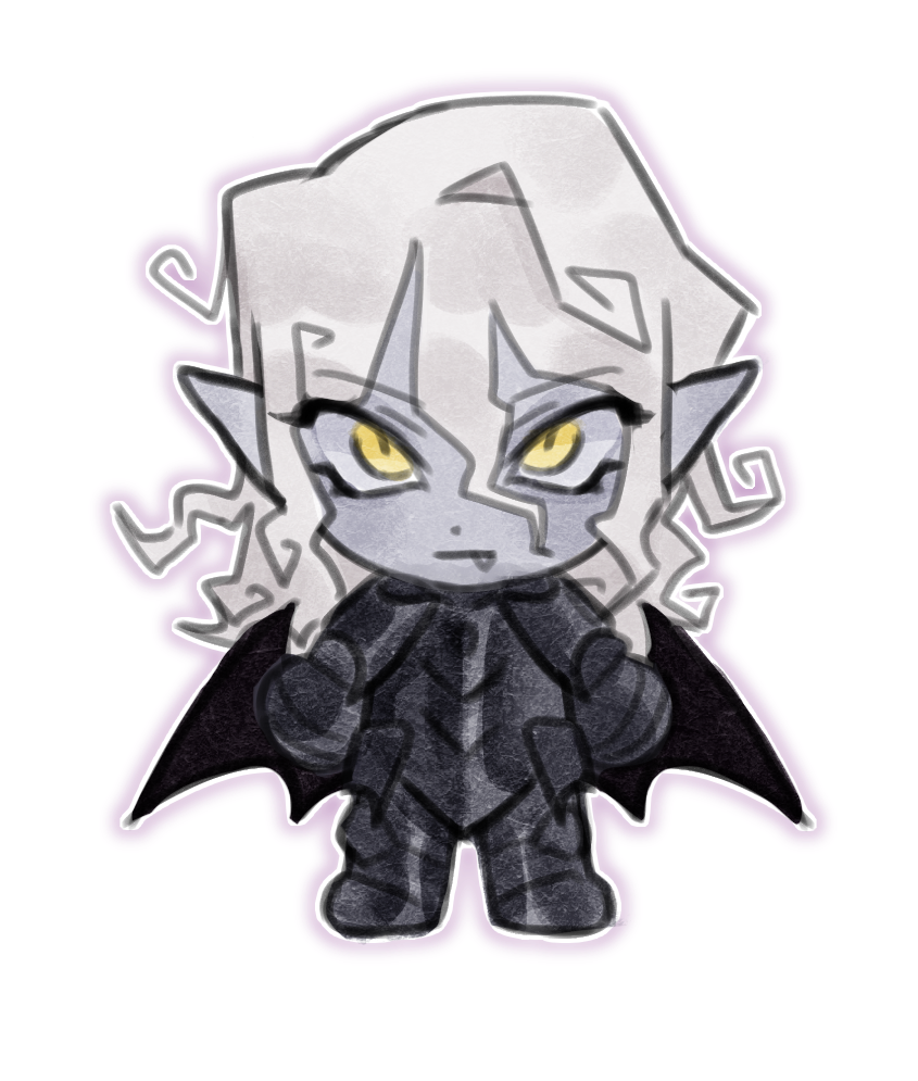 1boy, armor, bat_wings, black_armor, chibi, chibi_only, closed_mouth, commentary, crilall, dot_nose, english_commentary, fang, fang_out, full_armor, full_body, hair_between_eyes, long_hair, looking_at_viewer, low_wings, lunacid, male_focus, outline, pale_skin, pointy_ears, slit_pupils, solo, standing, strangea1chemy, transparent_background, vampire, white_hair, white_outline, wings, yellow_eyes