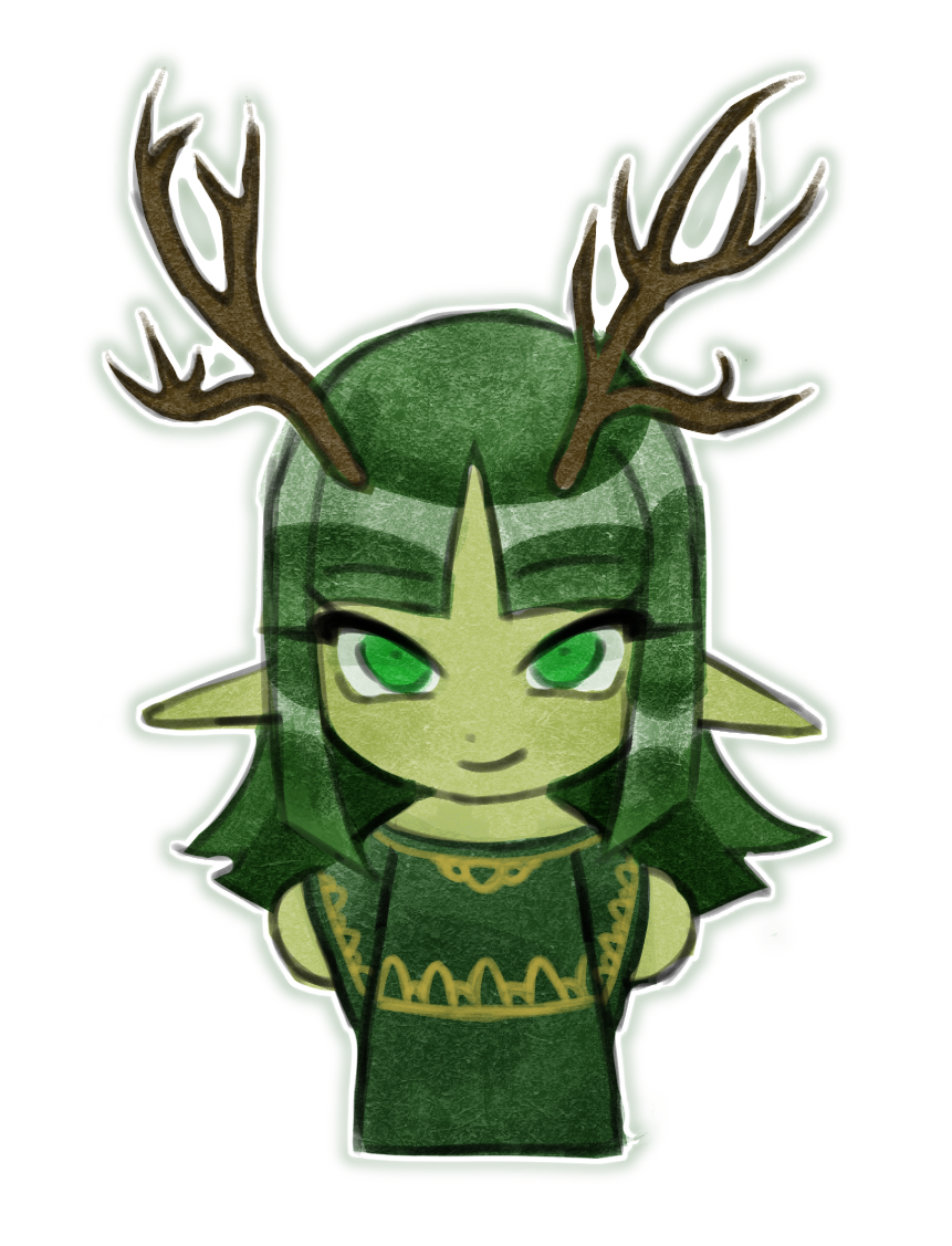 1girl, antlers, blunt_bangs, blunt_sidelocks, chibi, chibi_only, closed_mouth, colored_skin