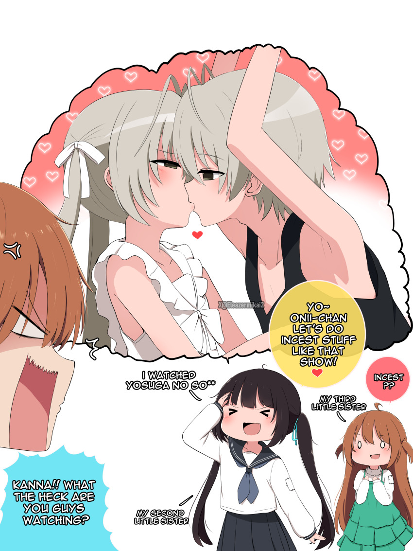 >_<, 0_0, 2boys, 3girls, ^^^, absurdres, ahoge, anger_vein, angry, antenna_hair, armpits, arms_up, black_hair, black_tank_top, blank_eyes, blue_necktie, blue_sailor_collar, blue_skirt, blush, bow, brother_and_sister, brown_hair, collarbone, commentary, dress, eleazarmikai, english_commentary, english_text, frilled_dress, frills, green_dress, green_eyes, hair_bow, hands_up, heart, hetero, highres, incest, kanna_(eleazarmikai), kasugano_haruka, kasugano_sora, kiss, long_sleeves, multiple_boys, multiple_girls, nana_(eleazarmikai), necktie, onii-chan_(eleazarmikai), open_mouth, original, patch, sailor_collar, salute, school_uniform, serafuku, shirt, siblings, sisters, skirt, sleeveless, sleeveless_dress, sleeves_past_wrists, smile, tank_top, twincest, twins, two_side_up, white_bow, white_dress, white_shirt, yosuga_no_sora