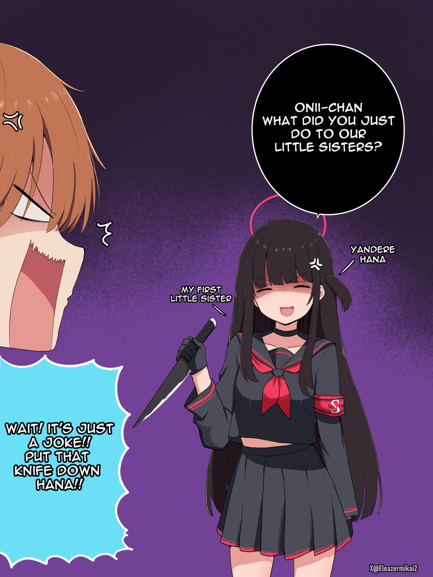 ^^^, absurdres, anger_vein, armband, black_choker, black_gloves, black_hair, black_serafuku