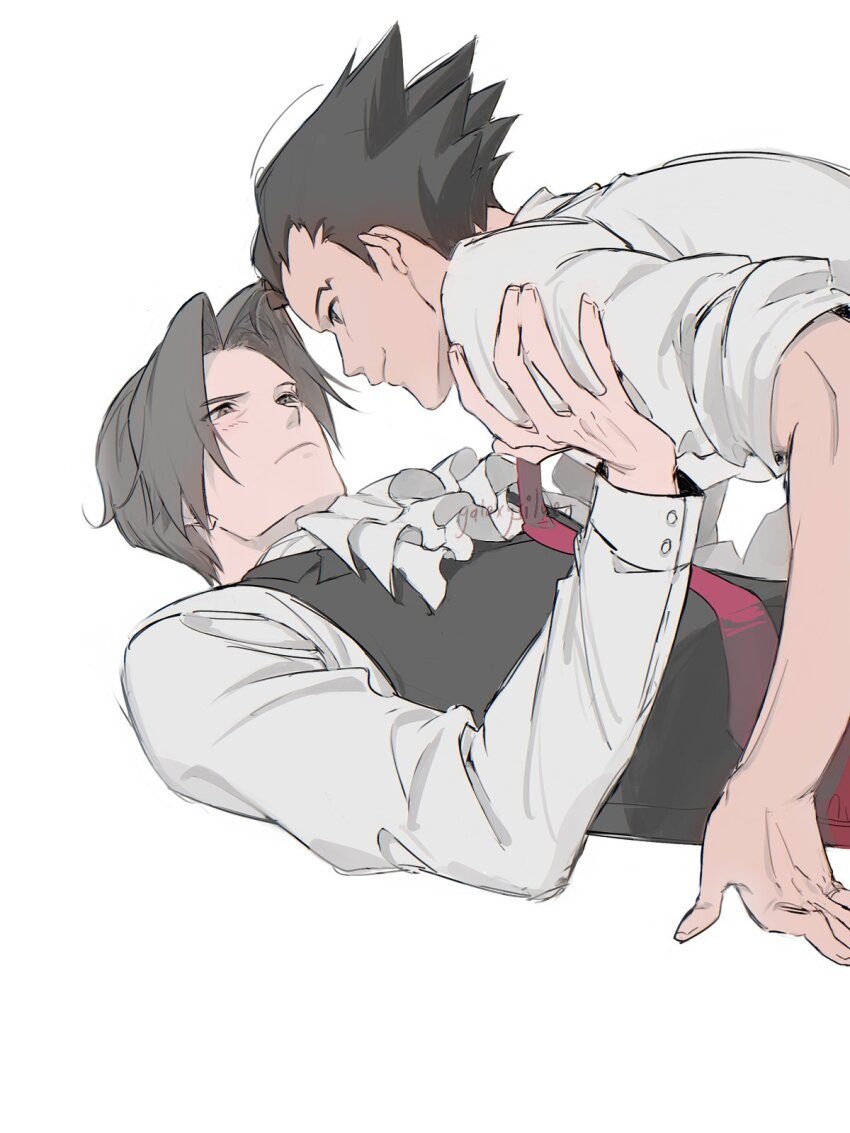 2boys, ace_attorney, ascot, black_hair, closed_mouth, eye_contact, frown, galaxysilver