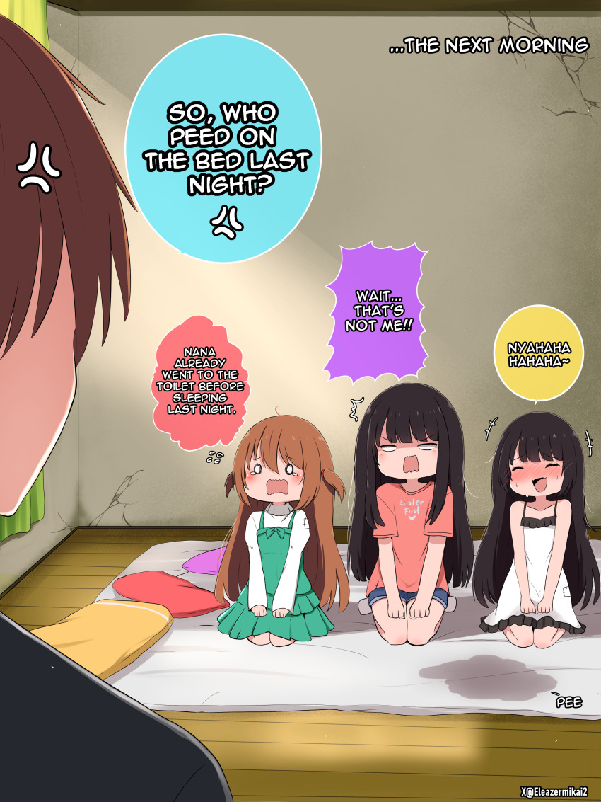 +++, 1boy, 3girls, ^^^, absurdres, anger_vein, bare_shoulders, bedwetting