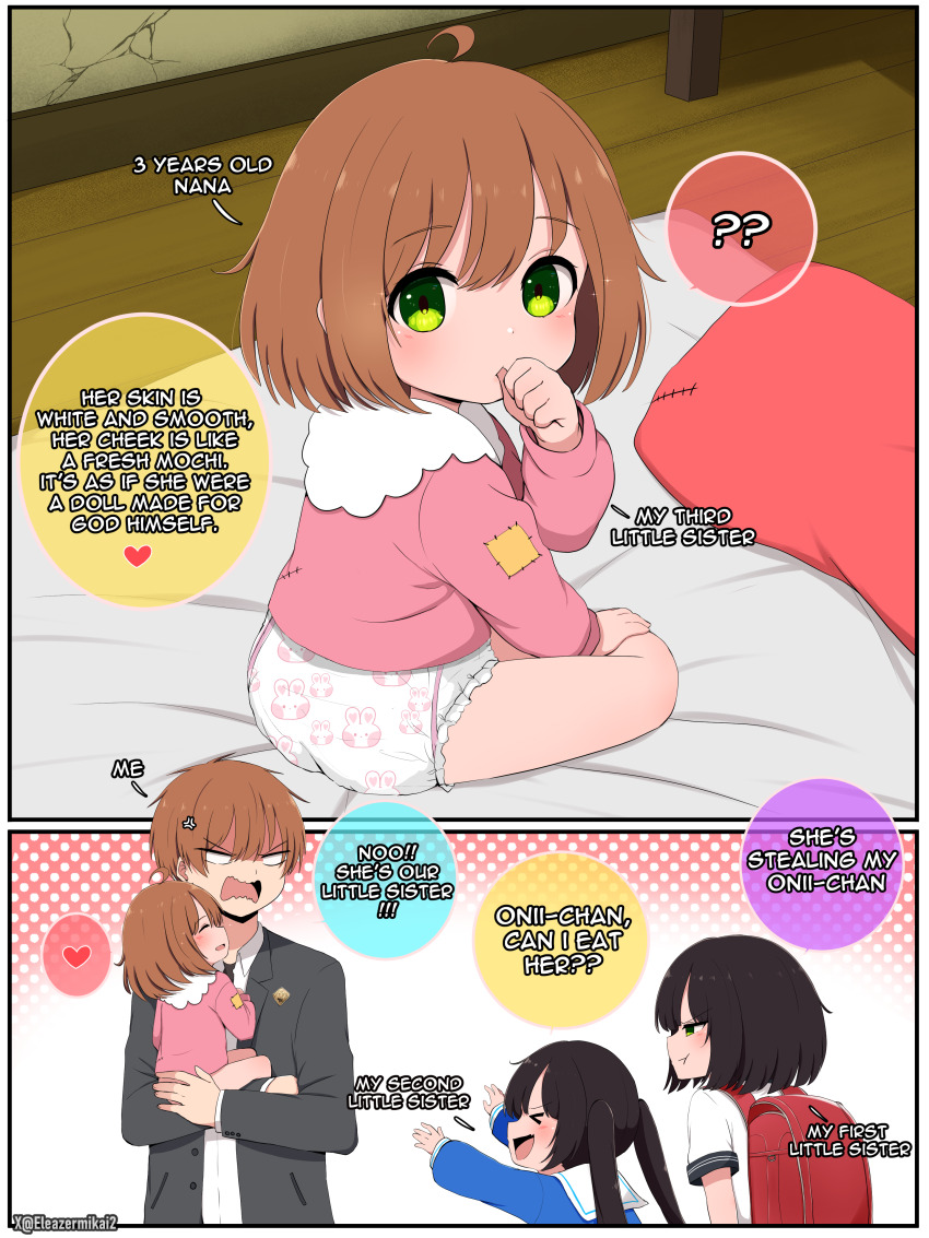 >_<, 1boy, 3girls, :t, ?, ??, absurdres, aged_down, ahoge, anger_vein, animal_print, backpack, bag, black_hair, blank_eyes, blazer, blue_shirt, blush, brother_and_sister, brown_hair, carrying, child_carry, commentary, crack, cracked_wall, diaper, eleazarmikai, emblem, english_commentary, english_text, futon, grey_jacket, hana_(eleazarmikai), heart, highres, jacket, kanna_(eleazarmikai), long_hair, looking_back, multiple_girls, nana_(eleazarmikai), on_floor, onii-chan_(eleazarmikai), open_clothes, open_jacket, open_mouth, original, outstretched_arms, patch, pillow, pink_shirt, pout, rabbit_print, randoseru, red_bag, sailor_collar, school_uniform, shaded_face, shirt, short_hair, short_sleeves, siblings, sideways_mouth, sisters, sitting, spoken_heart, spoken_question_mark, stitched, third-party_edit, thumb_sucking, toddler, twintails, twitter_username, white_sailor_collar, white_shirt, wooden_floor