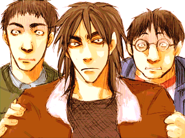 3boys, andou_mamoru, brown_eyes, brown_hair, closed_mouth, collar, crazy_eyes, expressionless, furuhata_takeshi, glasses, itou_kaiji, jacket, tobaku_mokushiroku_kaiji, long_sleeves, looking_at_viewer, lowres, male_focus, mamoru_andou, multiple_boys, rimless_eyewear, shirt, simple_background, smile, t-shirt, takeshi_furuhata, upper_body, white_background, wide-eyed