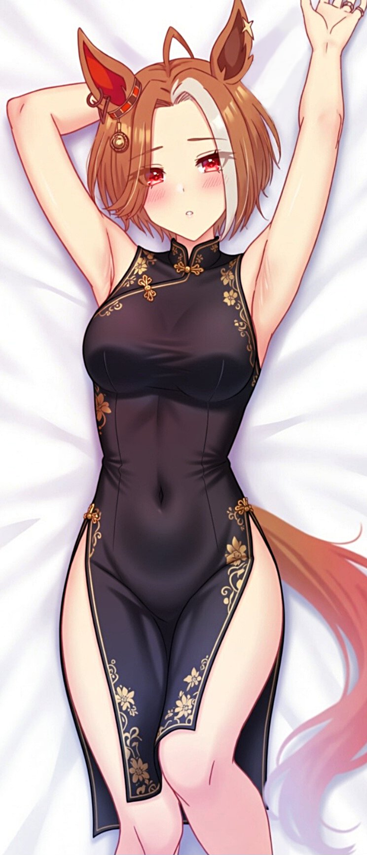 1girl, ahoge, alternate_costume, animal_ears, armpits, black_dress, blush, breasts, casino_drive_(umamusume), china_dress, chinese_clothes, commentary_request, covered_navel, dakimakura_(medium), dress, ear_ornament, forehead, highres, horse_ears, horse_girl, horse_tail, jewelry, looking_at_viewer, lying, medium_breasts, multicolored_hair, multiple_rings, on_back, orange_hair, parted_bangs, parted_lips, pelvic_curtain, red_eyes, remi-yuka-taimama, ring, side_slit, sleeveless, sleeveless_dress, solo, streaked_hair, tail, umamusume, upper_body, white_hair