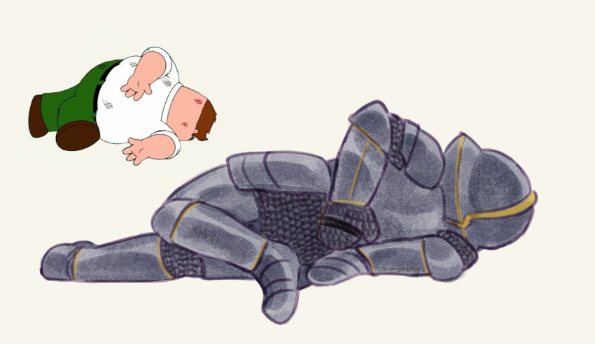 1boy, armor, arms_behind_back, commentary, english_commentary, family_guy, family_guy_death_pose_(meme), from_behind