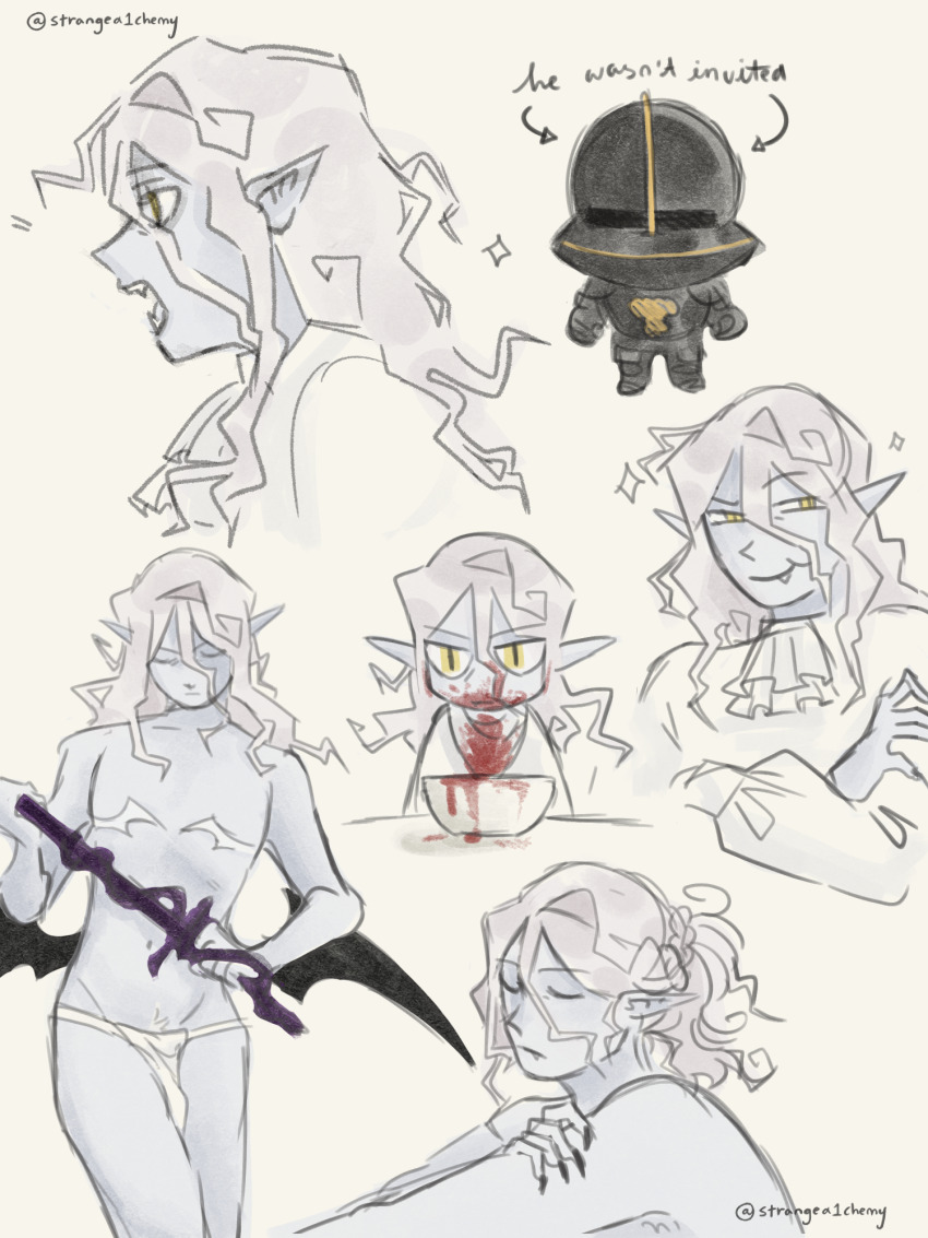 2boys, armor, artist_name, ascot, bat_wings, black_nails, black_wings, blood, blood_from_mouth, blood_in_hair, blood_on_clothes, blood_on_face, chibi, closed_eyes, closed_mouth, cowboy_shot, crilall, crossed_arms, english_text, expressionless, fang, fang_out, full_armor, full_body, garrat_the_hound, hair_between_eyes, half-closed_eyes, highres, holding, holding_sword, holding_weapon, knight, long_hair, long_sleeves, looking_at_viewer, looking_to_the_side, low_wings, lunacid, multiple_boys, multiple_views, navel, nose, open_mouth, pale_skin, panties, plate, pointy_ears, ponytail, portrait, profile, shirt, sidelocks, simple_background, sketch, slit_pupils, smile, sparkle, standing, strangea1chemy, sword, teeth, underwear, upper_body, vampire, weapon, white_ascot, white_background, white_hair, white_panties, white_shirt, wings, yellow_eyes