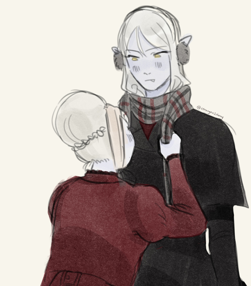 2girls, artist_name, black_coat, blush, braid, bun_with_braided_base, checkered_clothes, checkered_scarf