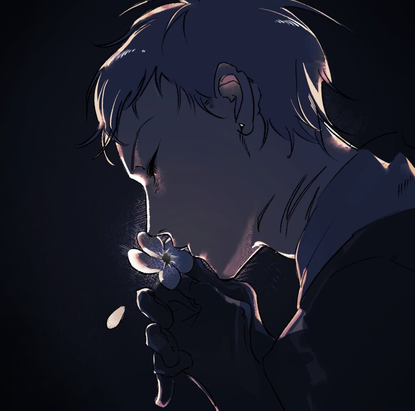 1boy, alien_stage, black_background, black_gloves, commentary, earrings, english_commentary, flower