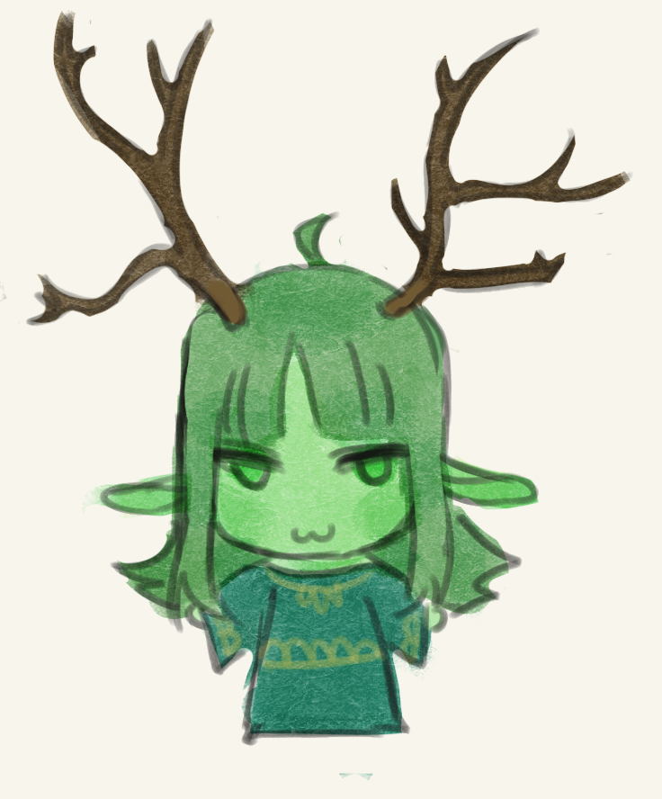 1girl, :3, ahoge, antlers, blunt_bangs, blush, brown_horns, chibi