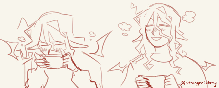 1boy, artist_name, blush, closed_eyes, crilall, cup, drinking, fang