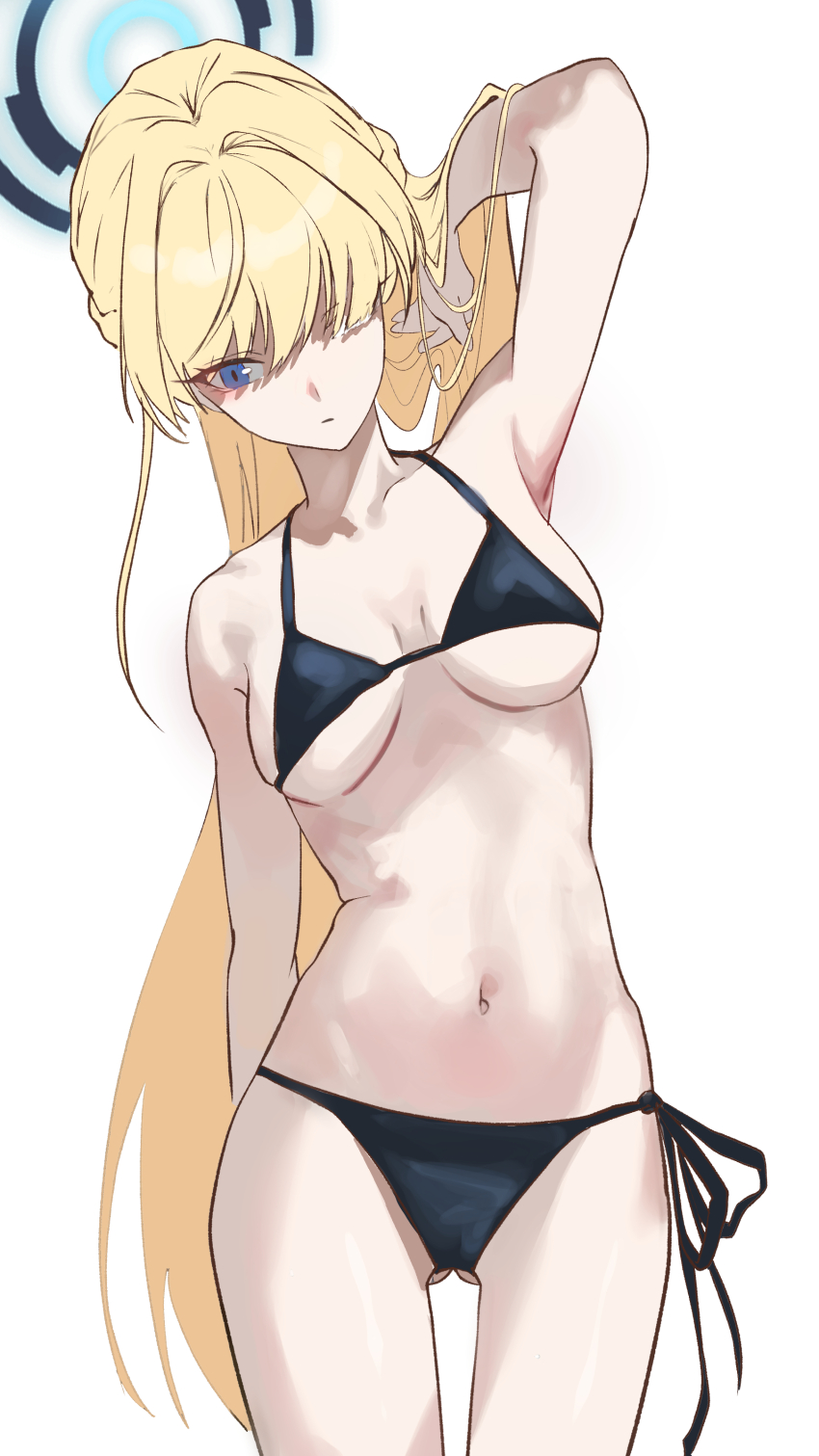1girl, absurdres, armpits, bare_legs, bare_shoulders, bikini, black_bikini, black_halo