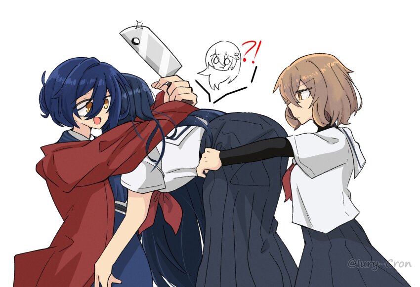 3girls, azami_(watatabe), blue_hair, brown_hair, cleaver, commentary, english_commentary, highres