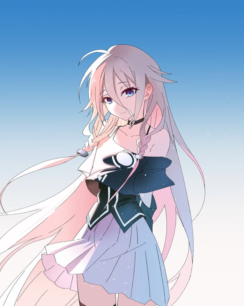 1girl, a0ja9k, ahoge, arms_behind_back, black_choker, black_shirt, blue_eyes, braid