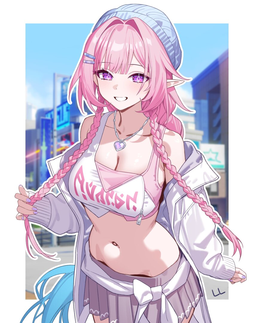 1girl, absurdres, bare_shoulders, beanie, blue_hat, braid, breasts, cleavage, collarbone, commentary_request, crop_top, cyrene_(demiurge)_(honkai:_star_rail), cyrene_(honkai:_star_rail), cyrene_(nylon_japan)_(honkai:_star_rail), diamond-shaped_pupils, diamond_(shape), grey_skirt, grin, hair_ornament, hairclip, hat, heart, heart_necklace, highres, honkai:_star_rail, honkai_(series), jacket, jewelry, large_breasts, ll_0109, looking_at_viewer, nail_polish, navel, necklace, off_shoulder, official_alternate_costume, parallel_hairclips, parted_lips, pink_hair, pointy_ears, purple_eyes, purple_nails, side_braids, skirt, smile, solo, stomach, symbol-shaped_pupils, white_jacket