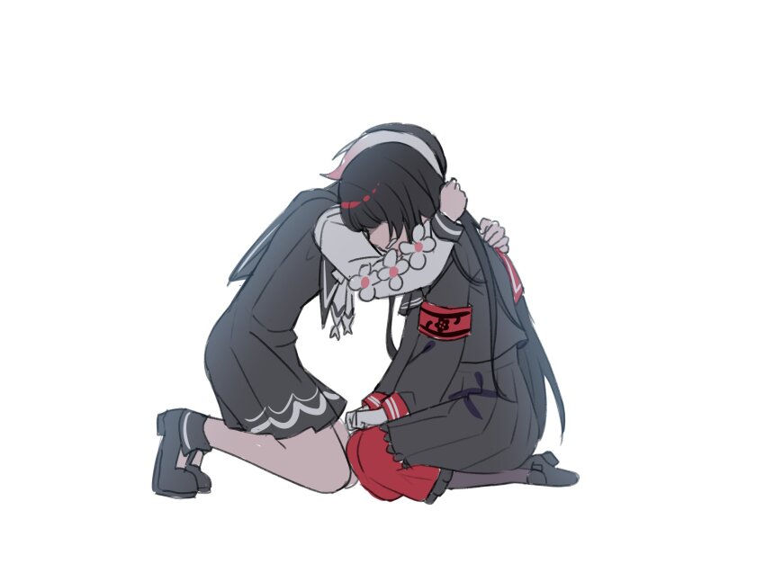 2girls, armband, black_dress, black_hair, black_shirt, black_shoes, black_skirt, dress