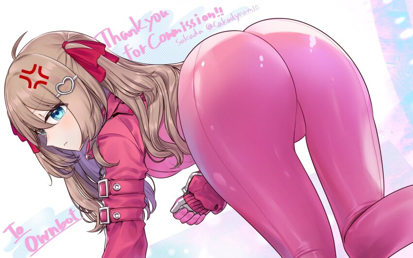 1girl, ahoge, alice_(nikke), alice_(nikke)_(cosplay), all_fours, anger_vein, ass, blue_eyes, bodysuit, brown_hair, closed_mouth, commentary, commission, cosplay, danaka, dutch_angle, english_commentary, from_behind, gloves, hair_ornament, hair_ribbon, heart, heart_hair_ornament, highres, latex, latex_bodysuit, long_hair, long_sleeves, looking_at_viewer, looking_back, neuro-sama, pink_bodysuit, pink_gloves, pink_shrug, red_ribbon, ribbon, shrug_(clothing), skin_tight, solo, third-party_source, two_side_up, vedal_ai, virtual_youtuber