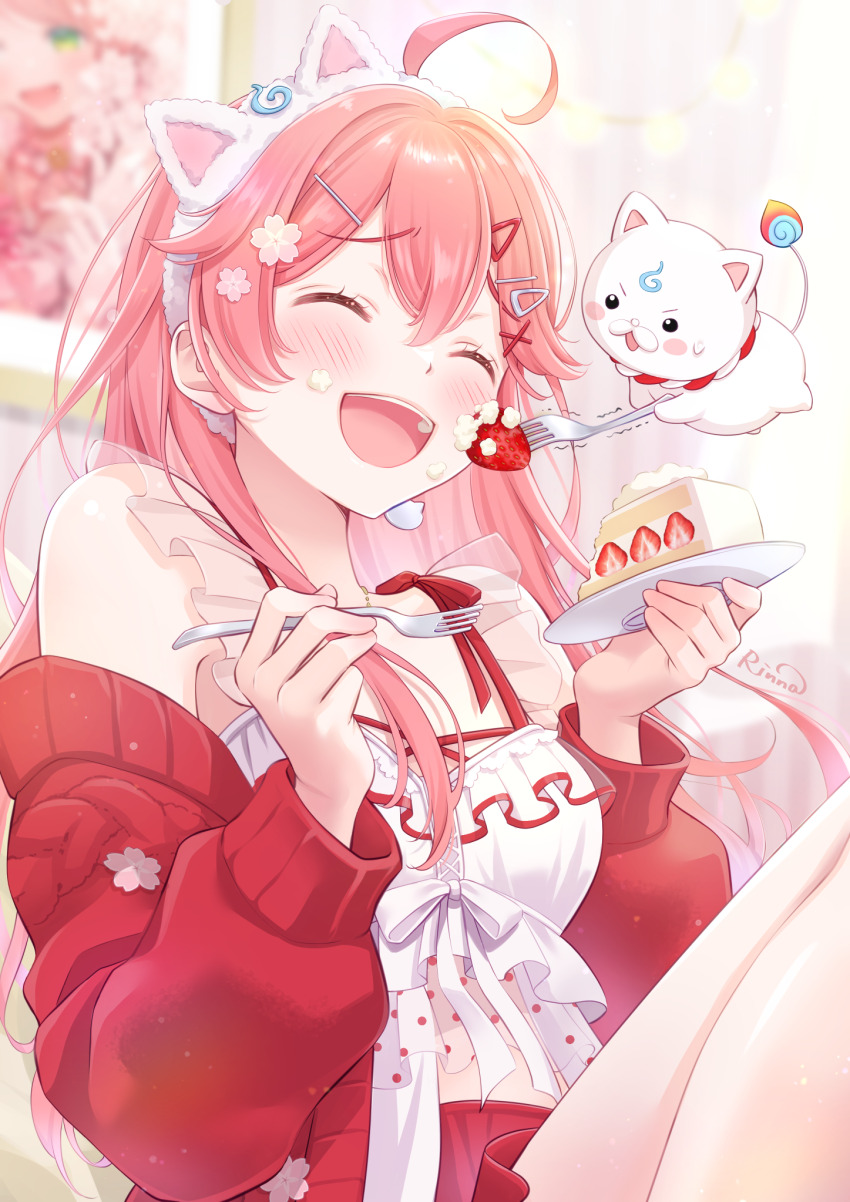 1girl, 35p_(sakura_miko), ahoge, animal_ear_hairband, animal_ears, asymmetrical_legwear, babydoll, blush