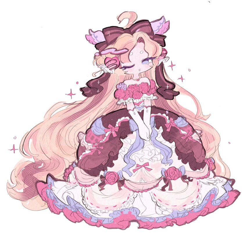 1girl, absurdly_long_hair, ahoge, bare_shoulders, bead_choker, beads, black_bow, blonde_hair