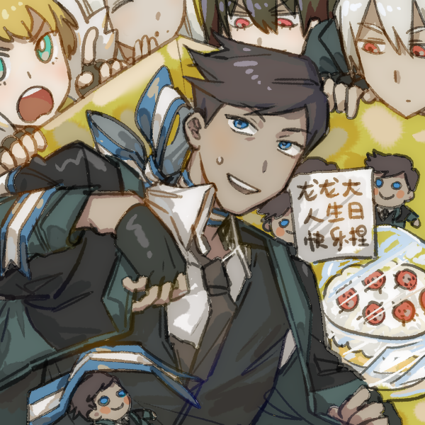 2boys, 3girls, birthday_cake, black_hair, black_jacket, black_necktie, black_vest, blonde_hair