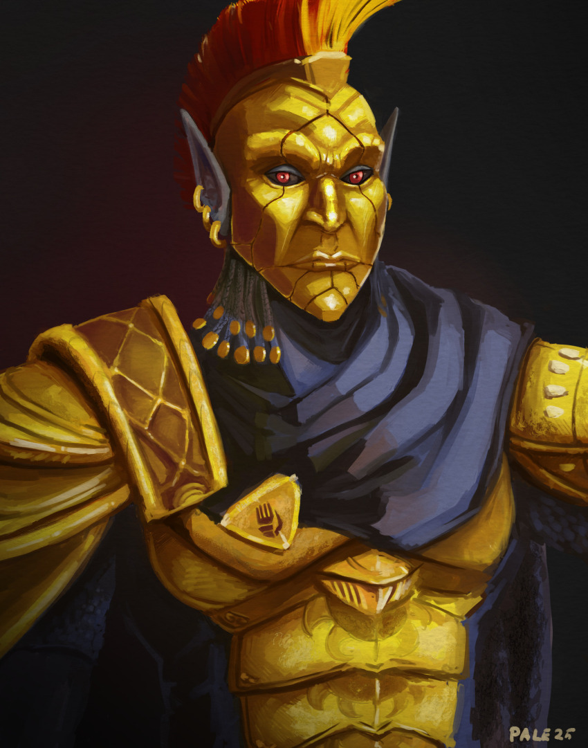 1boy, armor, black_background, blue_scarf, colored_skin, commentary, earrings, english_commentary, facing_viewer, gold_armor, gold_earrings, grey_skin, highres, jewelry, looking_at_viewer, male_focus, mohawk, ordinator_armor, ordinator_guard, ordinator_helmet, palettefeline, pointy_ears, red_eyes, scarf, shoulder_armor, the_elder_scrolls, the_elder_scrolls_iii:_morrowind, upper_body