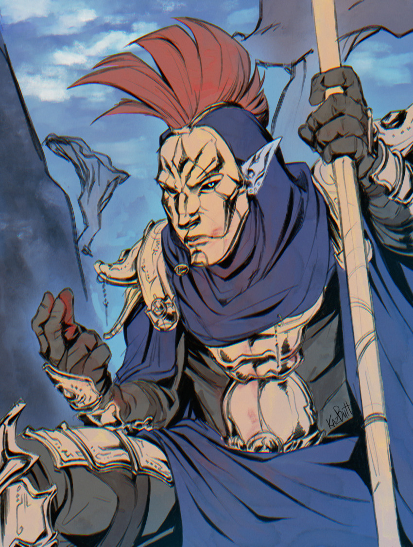 1boy, armor, artist_name, black_gloves, blood, blood_on_hands, blue_background, blue_cape