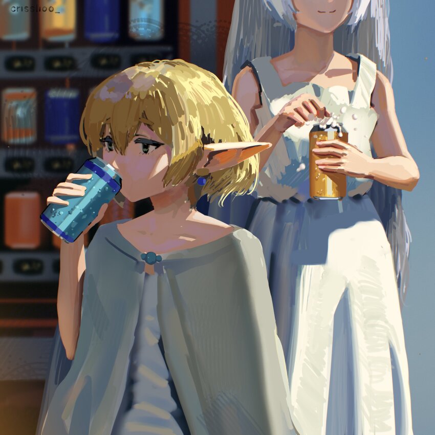 2girls, absurdres, alcohol, beer, beer_can, blonde_hair, can, cape, closed_mouth, crisslioo, dress, drink, drink_can, drinking, earrings, elf, frieren, green_eyes, grey_cape, highres, holding, holding_drink, jewelry, milliarde_(sousou_no_frieren), multiple_girls, pointy_ears, smile, sousou_no_frieren, white_dress