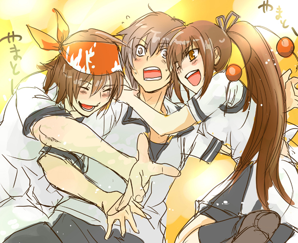 1girl, 2boys, bad_id, bad_pixiv_id, bandana, brown_hair, closed_eyes, kawakami_kazuko, kazama_shoichi, maji_de_watashi_ni_koi_shinasai!, multiple_boys, nannnann, naoe_yamato, one_eye_closed, open_mouth, ponytail, school_uniform, shorts, wink