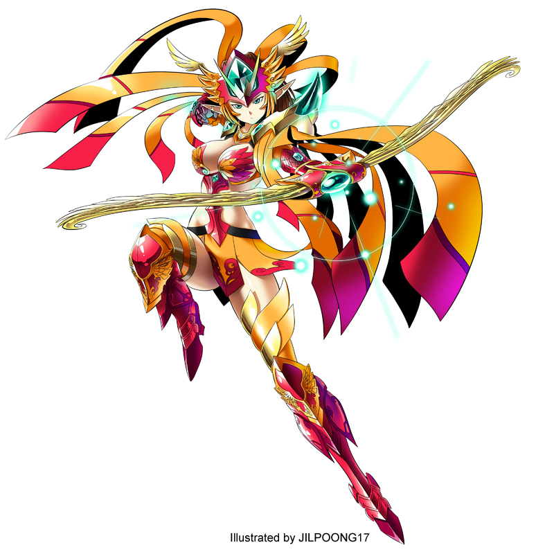 1girl, aqua_eyes, armor, blonde_hair, boots, bow_(weapon), bowmaster, breasts, elf, fantasy, fantasy_defense, female_focus, gauntlets, head_wings, headdress, jilpoong17, large_breasts, pauldrons, pointy_ears, shoulder_armor, solo, weapon, wings